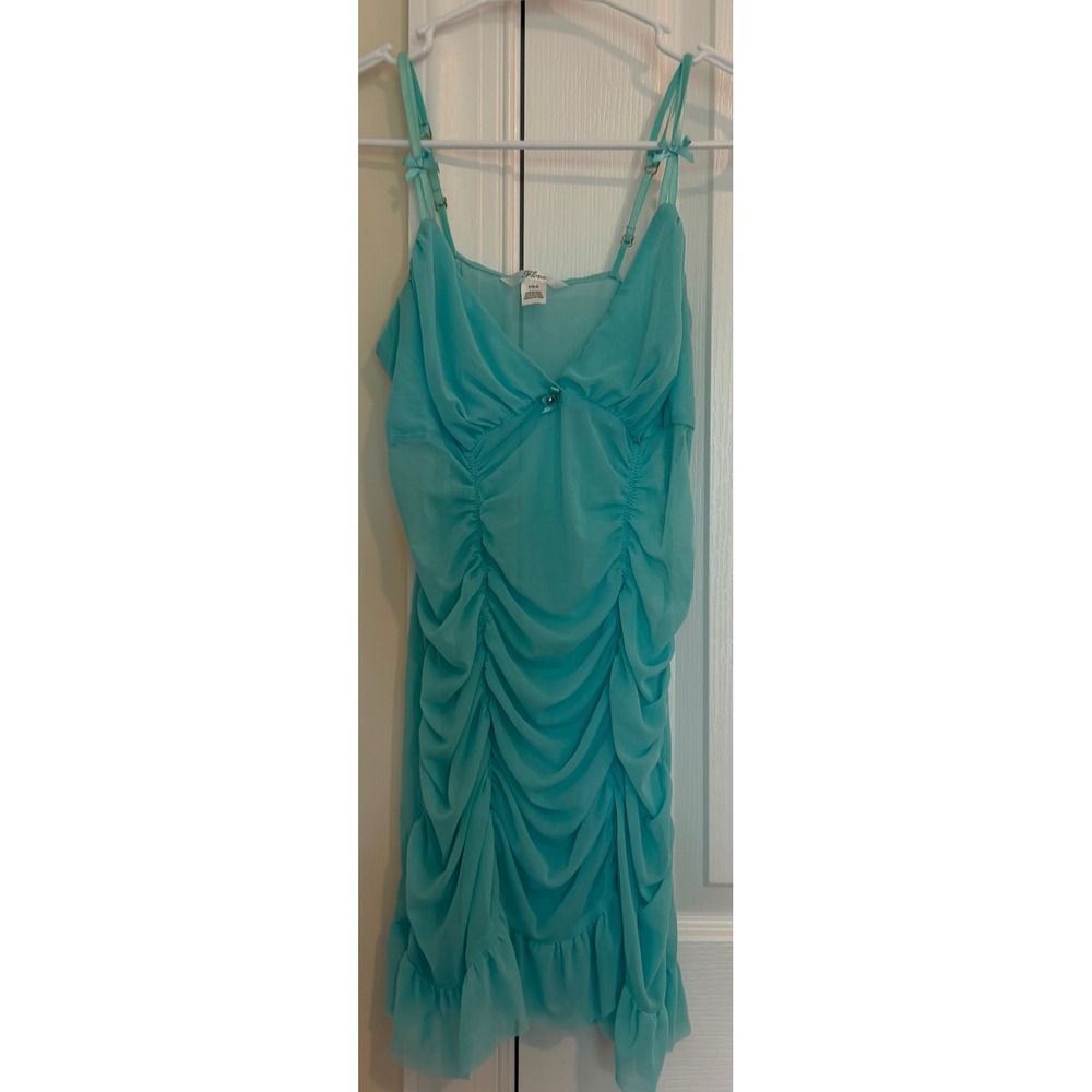 Flora Turquoise Mesh Ruched Chemise Nightgown Aqua Blue Ruffle Hem Large